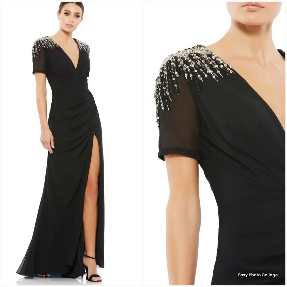 NWT Mac Duggal SEQUINED EMBELLISHED SHOULDER EVENING GOWN Black Size 16